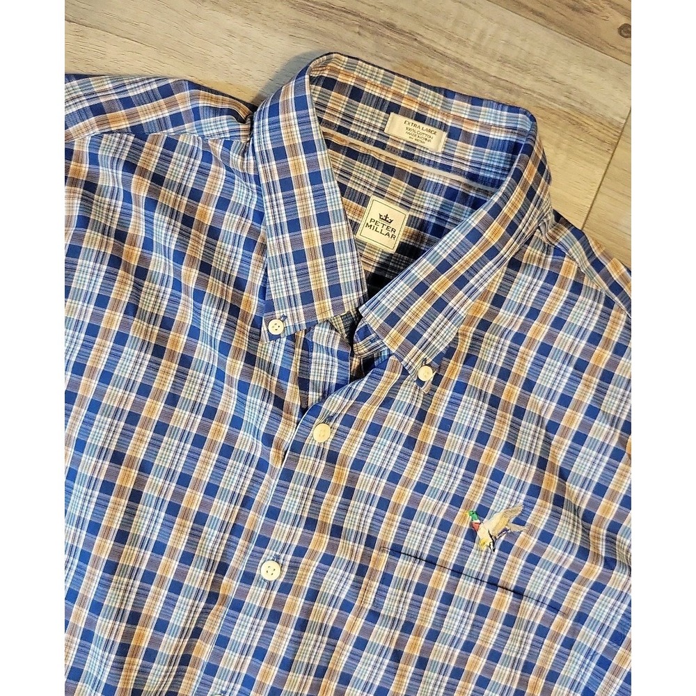Peter Millar Shirt Mens XL Blue Brown Plaid Button Down Long Sleeve
